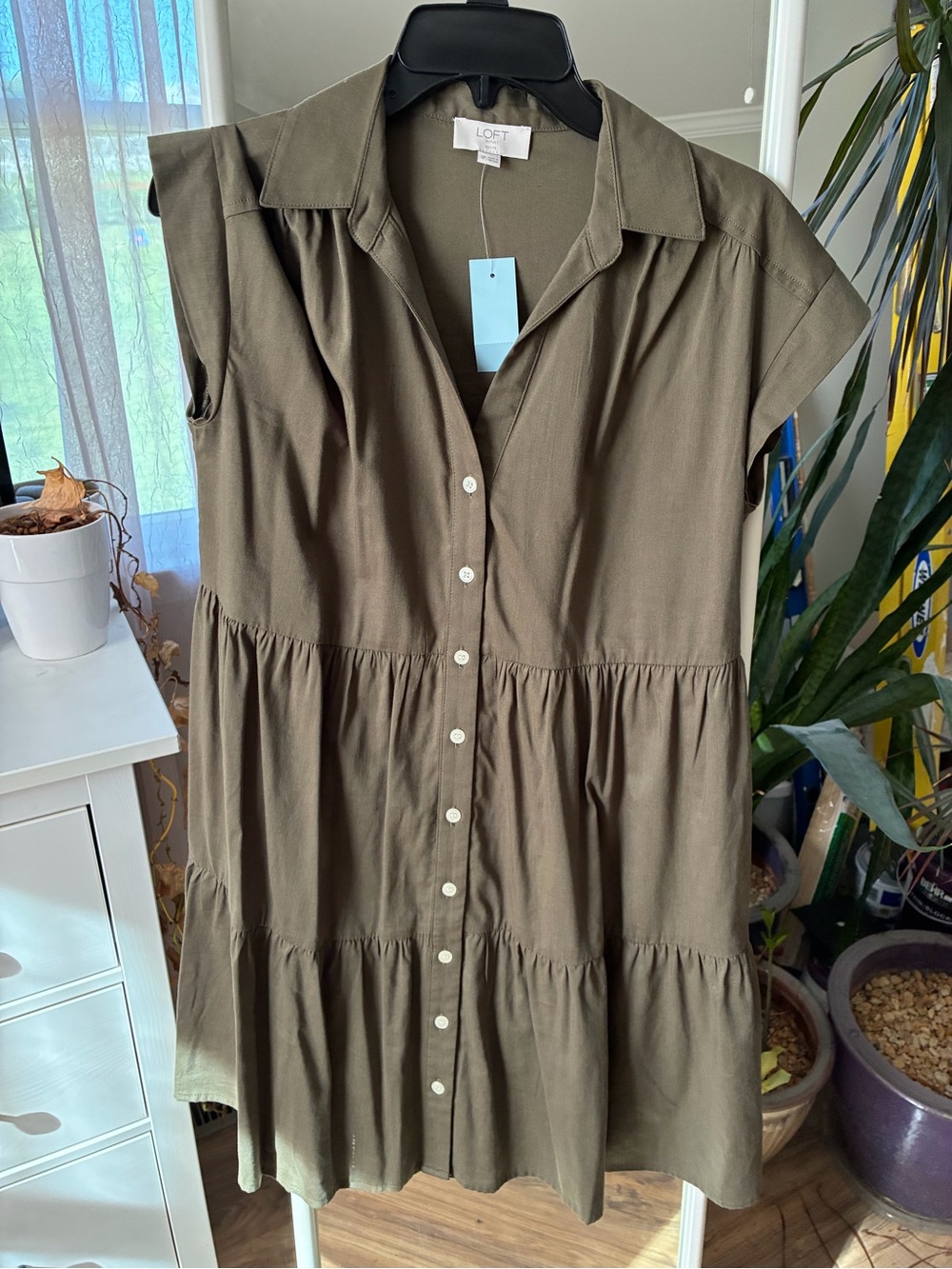LOFT Olive Button-Front Tiered Midi Dress